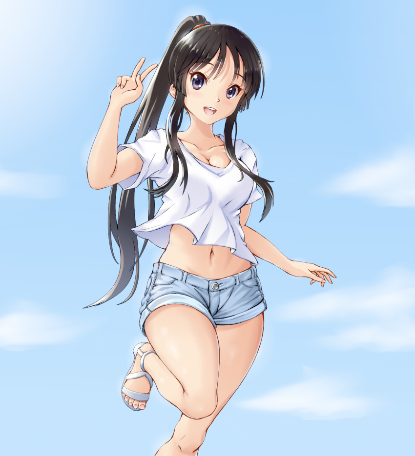 1girl :d akiyama_mio bangs black_hair blue_shorts blush breasts cleavage cloud collarbone commentary day ear english_commentary eyebrows_visible_through_hair eyelashes feet fingernails grey_eyes hair_tie highres k-on! knees long_hair looking_at_viewer navel older open_mouth ponytail sandals shiny shiny_hair shirt short_shorts shorts sidelocks sky smile solace solo teeth tied_hair toenails toes tongue upper_teeth v white_footwear white_shirt