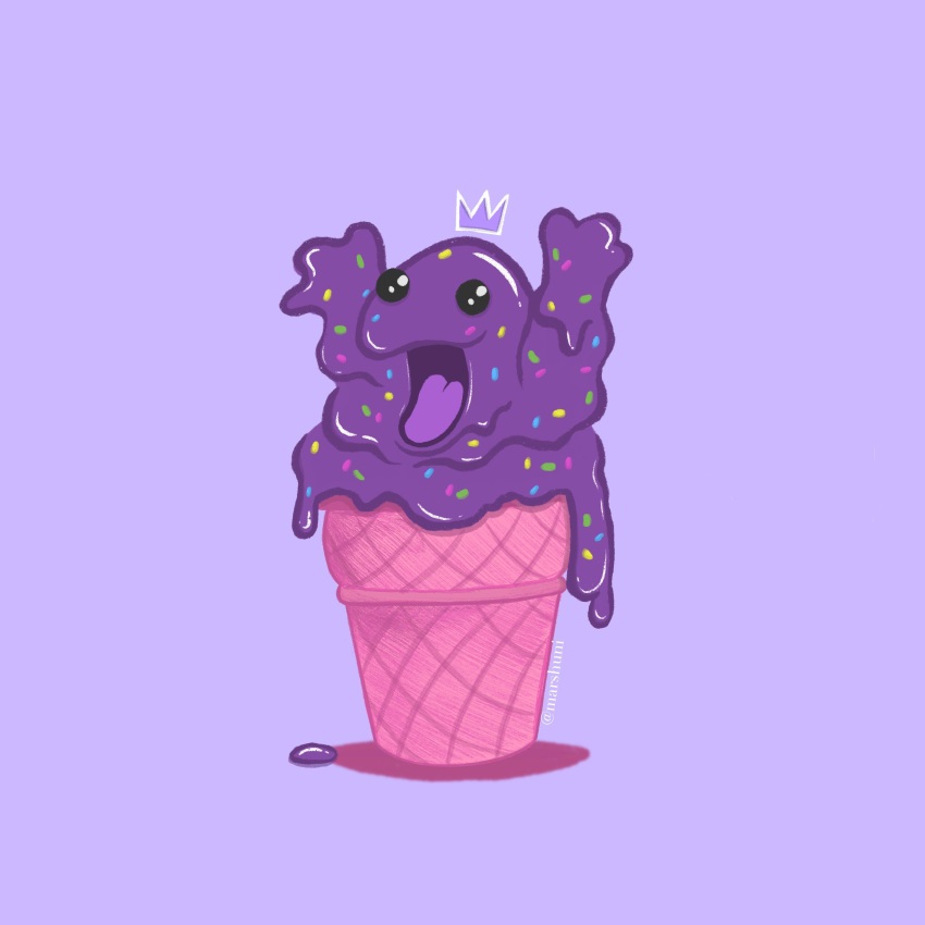 :o absurdres arms_up artist_name black_eyes creature crown dripping food full_body gen_1_pokemon grimer hands_up highres ice_cream ice_cream_cone instagram_username lavender_background looking_at_viewer marshuni melting open_mouth pokemon pokemon_(creature) purple_background simple_background sprinkles tongue