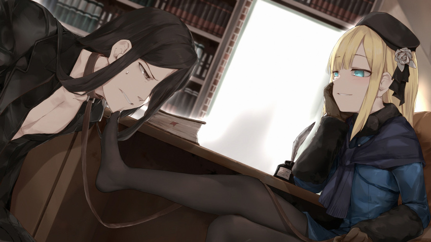 1girl bdsm black_hair black_headwear black_legwear blonde_hair blue_coat blue_eyes blue_jacket bondage bound brown_gloves coat cuffs fate_(series) feathers feet gloves highres ink_bottle jacket long_hair lord_el-melloi_ii lord_el-melloi_ii_case_files oshin0_(zheng) pantyhose quill reines_el-melloi_archisorte short_hair tilted_headwear waver_velvet