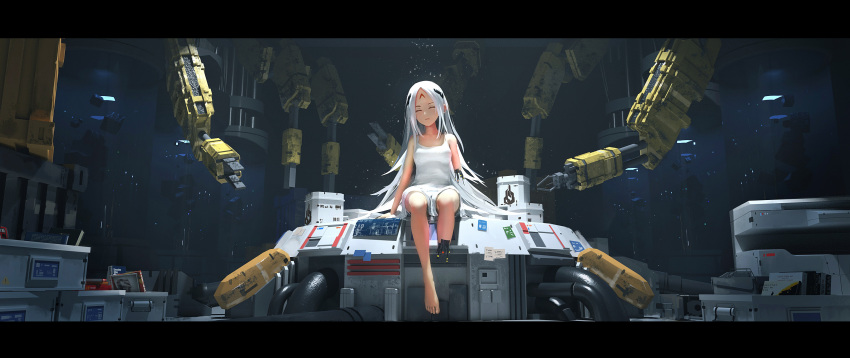 1girl bangs barefoot closed_eyes closed_mouth commentary_request elisa_(girls_frontline) expressionless full_body girls_frontline highres indoors light long_hair machinery sangvis_ferri shirt sitting sleeveless solo tank_top white_hair white_shirt wjn-rance