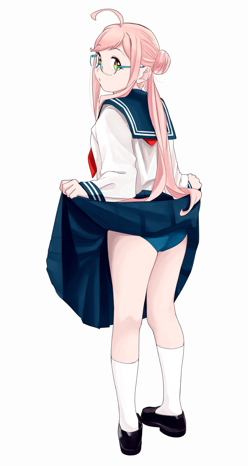 1girl absurdres ahoge alternate_costume ass black_footwear blue-framed_eyewear blue_panties blue_sailor_collar blue_skirt double_bun from_behind full_body highres kantai_collection kneehighs loafers long_sleeves looking_at_viewer looking_back makigumo_(kantai_collection) neckerchief ojipon panties pink_hair pleated_skirt red_neckwear sailor_collar school_uniform serafuku shoes simple_background skirt skirt_lift solo standing twintails underwear white_background white_legwear yellow_eyes