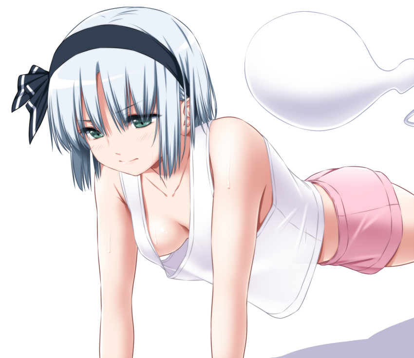 &gt;:) 1girl alternate_costume bangs bare_arms bare_shoulders black_hairband black_ribbon blush breasts closed_mouth collarbone exercise eyebrows_visible_through_hair green_eyes hair_ribbon hairband hanging_breasts highres hitodama konpaku_youmu konpaku_youmu_(ghost) looking_down medium_hair nori_tamago pink_shorts push-ups ribbon short_hair shorts silver_hair simple_background sleeveless solo sweat tank_top touhou white_background