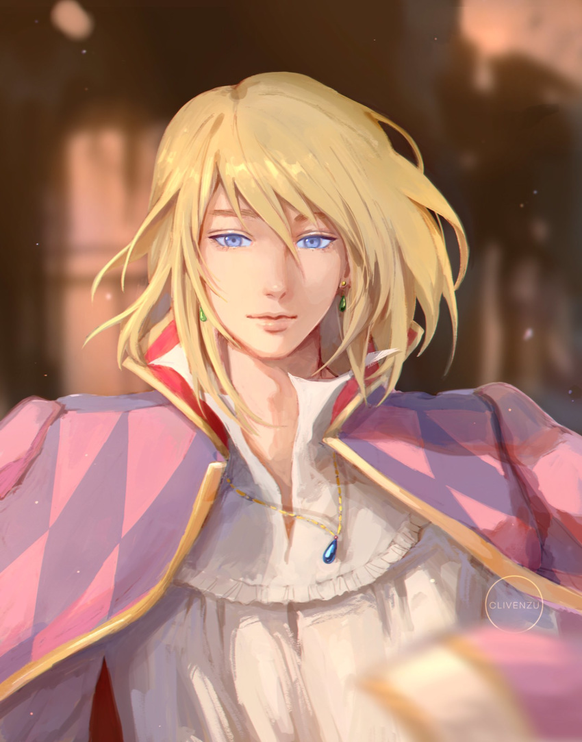 1boy artist_name blonde_hair blouse blurry blurry_background blurry_foreground cape clivenzu closed_mouth depth_of_field earrings hair_between_eyes highres howl_(howl_no_ugoku_shiro) howl_no_ugoku_shiro jewelry light_smile long_hair looking_at_viewer male_focus pink_cape purple_eyes solo white_blouse