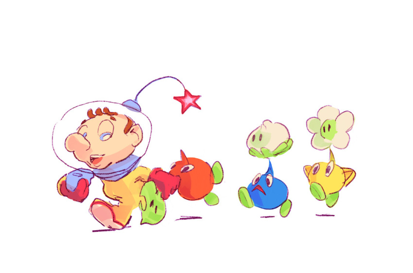 big_nose blue_eyes blue_pikmin brown_hair bud character_request commentary cosplay creature downturned_eyes english_commentary flower gloves happy helmet holding holding_creature holding_whistle jason_lupas leaf looking_at_creature mario mario_(series) olimar olimar_(cosplay) open_mouth parody pikmin_(series) pointy_ears pointy_nose radio_antenna red_gloves red_pikmin shadow short_hair simple_background smile space_helmet spacesuit teeth triangle_mouth upper_teeth_only walking whistle white_background white_flower yellow_pikmin