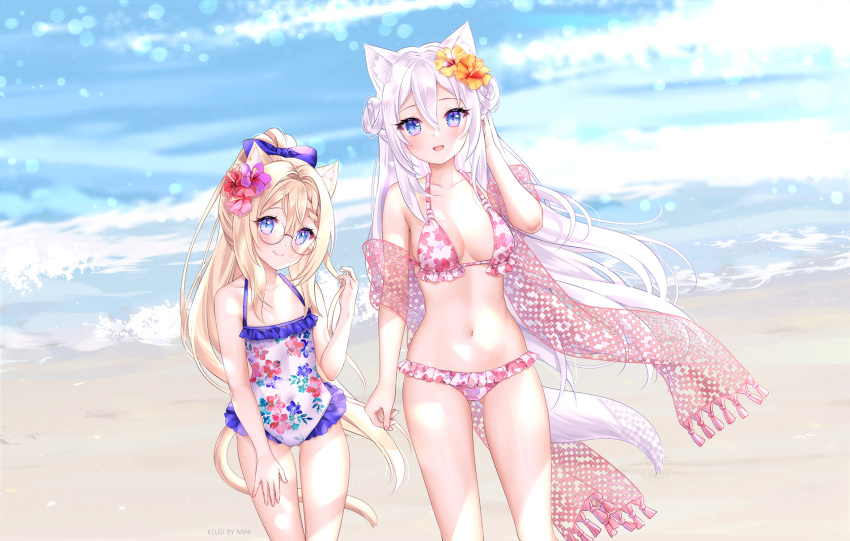 animal_ears bikini megane natsumii_chan nekomimi swimsuits tail