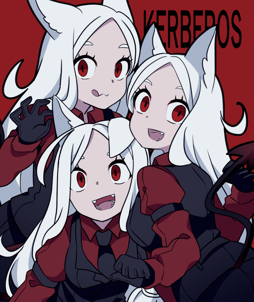 3girls :3 :d :q absurdres animal_ears bangs black_gloves black_neckwear black_skirt black_vest breasts cerberus_(helltaker) character_name chiitamu closed_mouth commentary_request demon_tail dog_ears fang fangs forehead gloves helltaker highres juliet_sleeves long_hair long_sleeves looking_at_viewer looking_to_the_side medium_breasts multiple_girls necktie open_mouth parted_bangs puffy_sleeves red_background red_eyes red_shirt shirt simple_background skirt smile tail tongue tongue_out very_long_hair vest white_hair