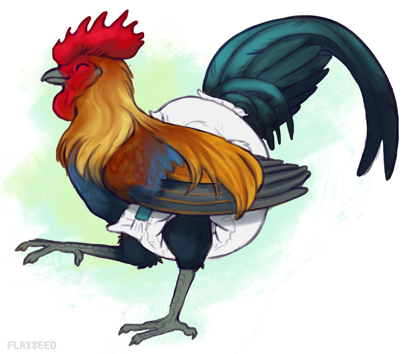 2020 avian beak bird chicken diaper eyes_closed feathers feral flax_(artist) furgonomics galliform gallus_(genus) male phasianid raised_leg smile solo tail_feathers wings