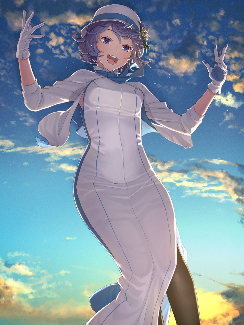 1girl :d black_legwear blue_eyes cloud dress from_below gloves hat highres itou_(onsoku_tassha) looking_at_viewer open_mouth purple_hair short_hair sky smile solo suntory_nomu tight_dress virtual_youtuber