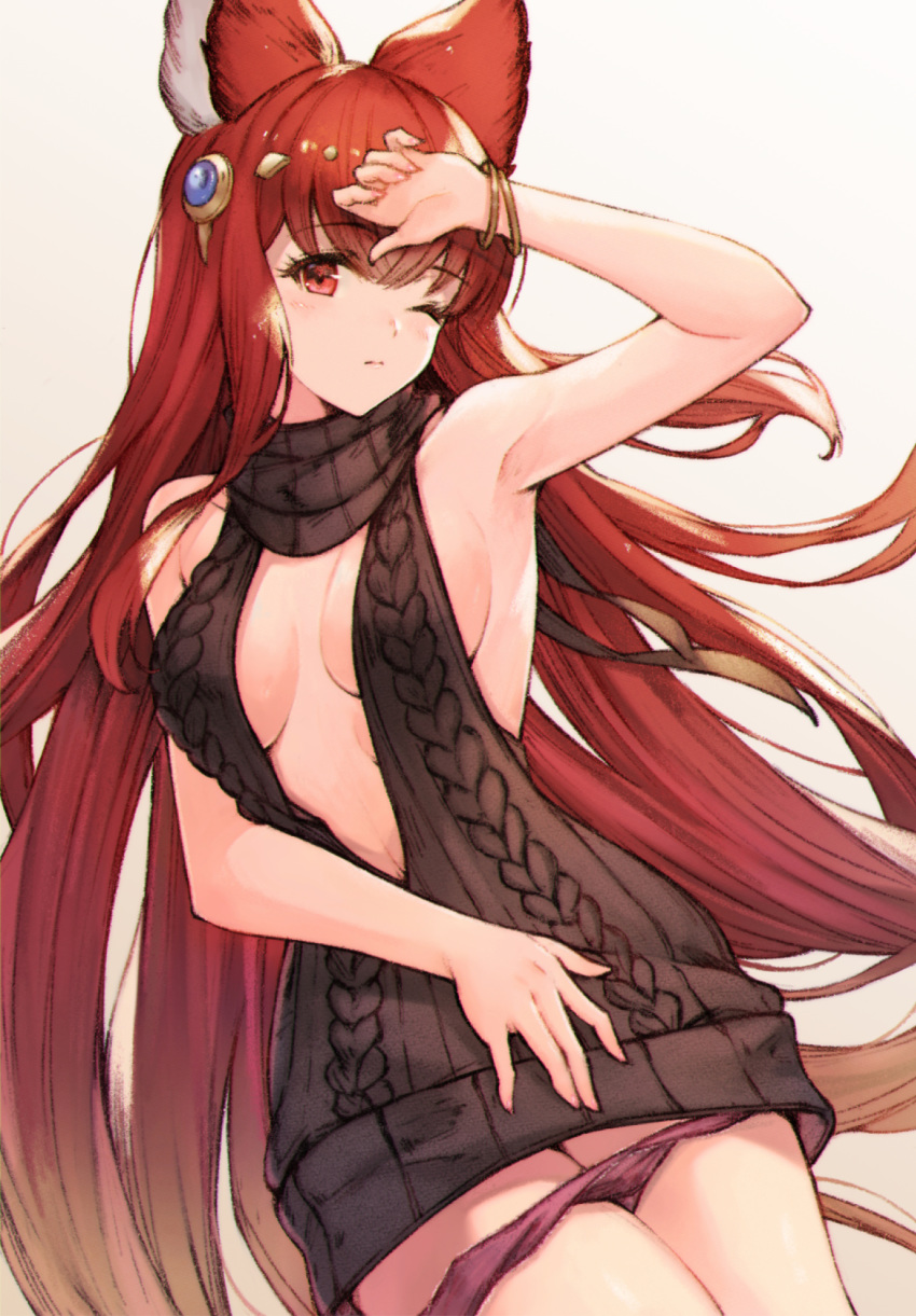 1girl animal_ears anthuria arm_up armpits bangle bangs black_sweater blush bracelet breasts cleavage cleavage_cutout closed_mouth cowboy_shot erune eyebrows_visible_through_hair gradient gradient_background granblue_fantasy grey_background hair_ornament hand_on_forehead highres jewelry koretsuki_azuma long_hair medium_breasts meme_attire one_eye_closed panties panty_pull pink_panties red_eyes red_hair sleeveless sleeveless_turtleneck solo sweater turtleneck underwear very_long_hair virgin_killer_sweater