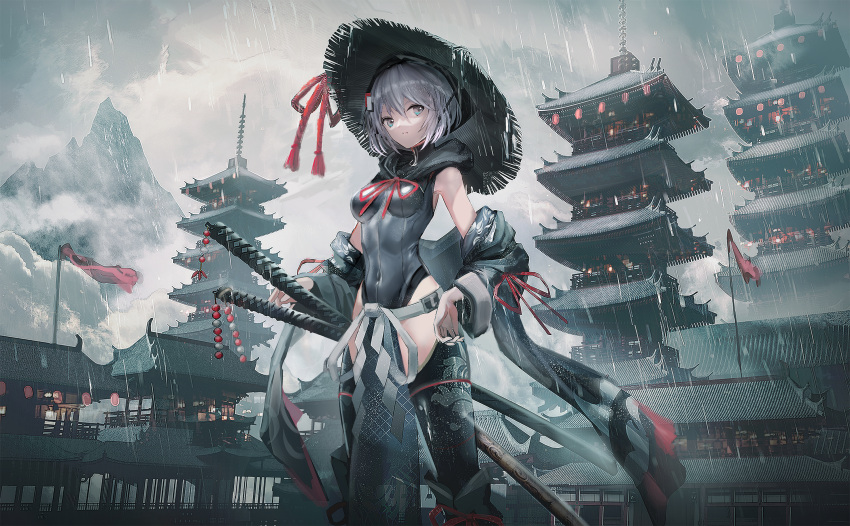 1girl architecture bangs bare_shoulders black_legwear blue_eyes breasts closed_mouth cloud cloudy_sky commentary_request covered_navel east_asian_architecture feet_out_of_frame grey_hair grey_leotard hair_between_eyes hand_on_hip hat highres hood hood_down hooded_leotard katana leotard long_sleeves looking_at_viewer medium_breasts mountain original outdoors pagoda rain rice_hat sheath sheathed sky solo standing swav sword thighhighs weapon wide_sleeves