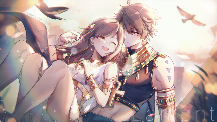 1boy 1girl :d bangs bird black_shirt breasts brown_eyes brown_hair closed_mouth egyptian_clothes hair_ornament highres holding holding_hair long_hair luke_pearce_(tears_of_themis) medium_breasts nana895 one_eye_closed open_mouth outdoors rosa_(tears_of_themis) shirt short_hair sleeveless smile tattoo tears_of_themis white_shirt yellow_eyes