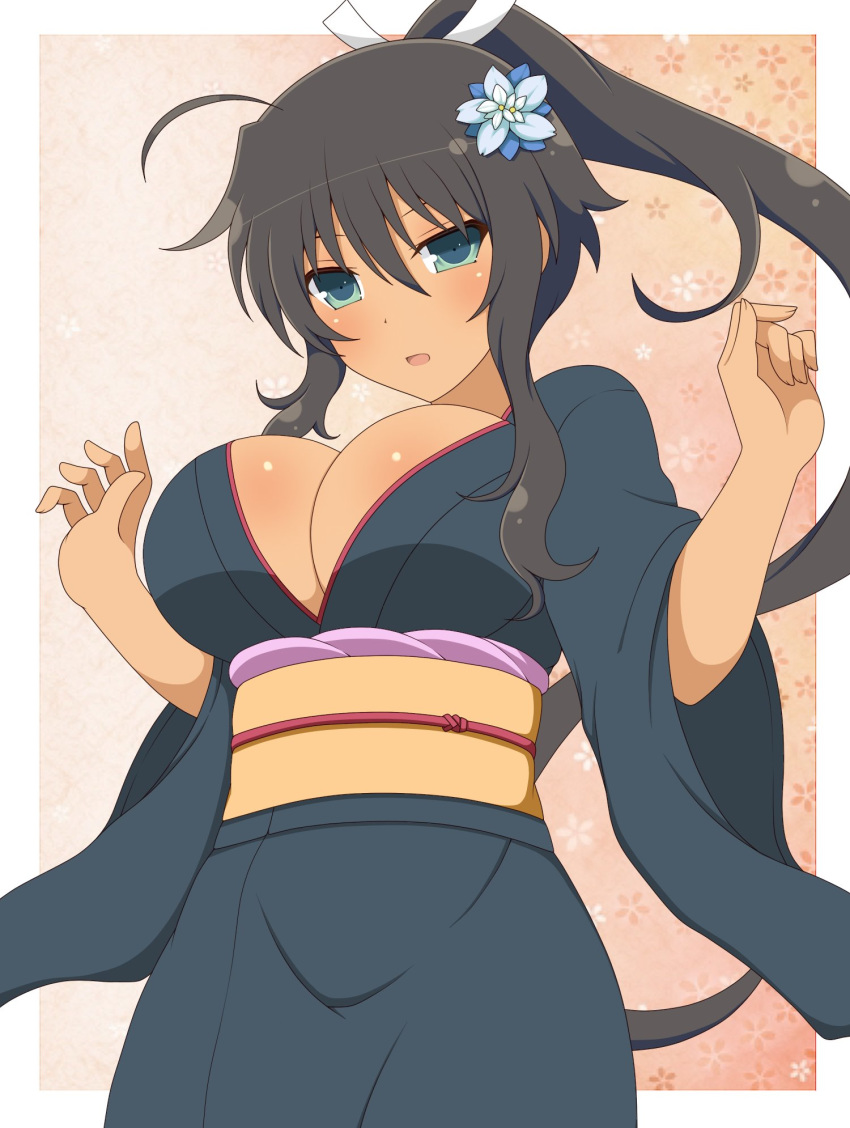 1girl ahoge black_hair bow breasts cleavage floral_background flower green_eyes hair_bow hair_flower hair_ornament highres homura_(senran_kagura) japanese_clothes kimono large_breasts long_hair looking_at_viewer open_mouth ponytail ribbon senran_kagura source_request tan very_long_hair white_ribbon yaegashi_nan yukata