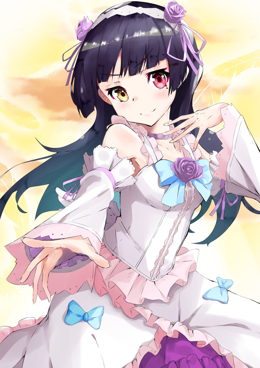 1girl absurdres bangs black_hair blue_bow blunt_bangs blush bow collar collarbone commentary_request detached_sleeves dress eyebrows_visible_through_hair fingernails flower gokou_ruri hair_ribbon head_tilt heterochromia highres isocha lolita_fashion long_hair looking_at_viewer ore_no_imouto_ga_konna_ni_kawaii_wake_ga_nai outstretched_arm purple_collar purple_flower purple_ribbon purple_rose red_eyes ribbon rose shiny shiny_hair smile solo yellow_eyes