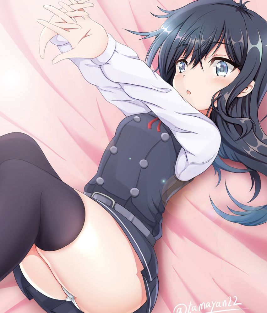 1girl arms_up asashio_(kantai_collection) black_dress black_hair black_legwear blue_eyes blush dress gradient_hair highres kantai_collection long_hair lying multicolored_hair on_back open_mouth panties pantyshot pinafore_dress solo tamayan thighhighs underwear