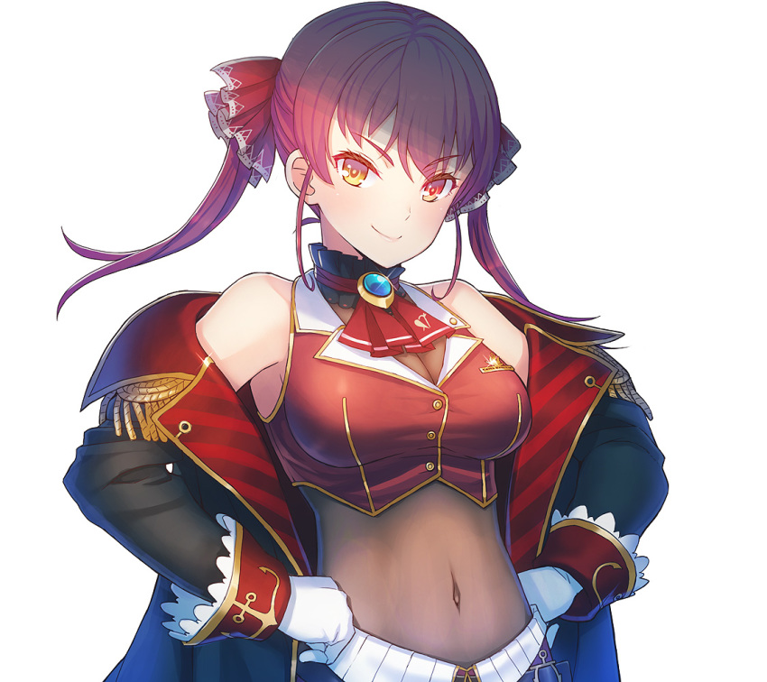 1girl ascot black_coat blush bow breasts brooch cleavage closed_mouth coat glint gloves hair_bow hands_on_hips heterochromia hololive houshou_marine itou_(onsoku_tassha) jewelry large_breasts long_sleeves looking_at_viewer medium_hair navel off-shoulder_coat red_bow red_eyes red_neckwear simple_background smile smug solo twintails upper_body white_background white_gloves yellow_eyes