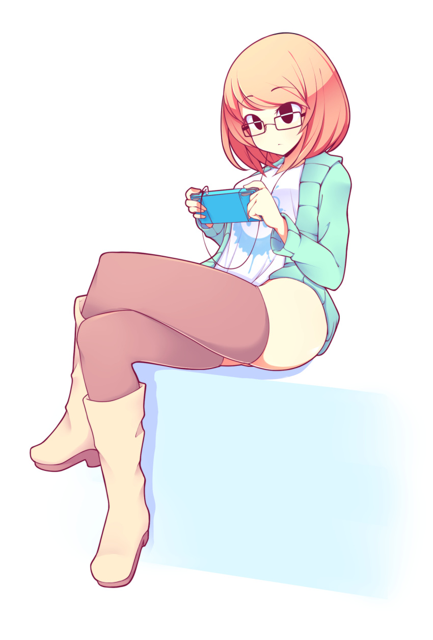 1girl absurdres black_eyes black_legwear boots earbuds earphones fizintine game_console glasses green_sweater highres legs luna_(fizintine) orange_hair original pillow rectangular_eyewear side_part sitting solo sweater thighhighs white_background