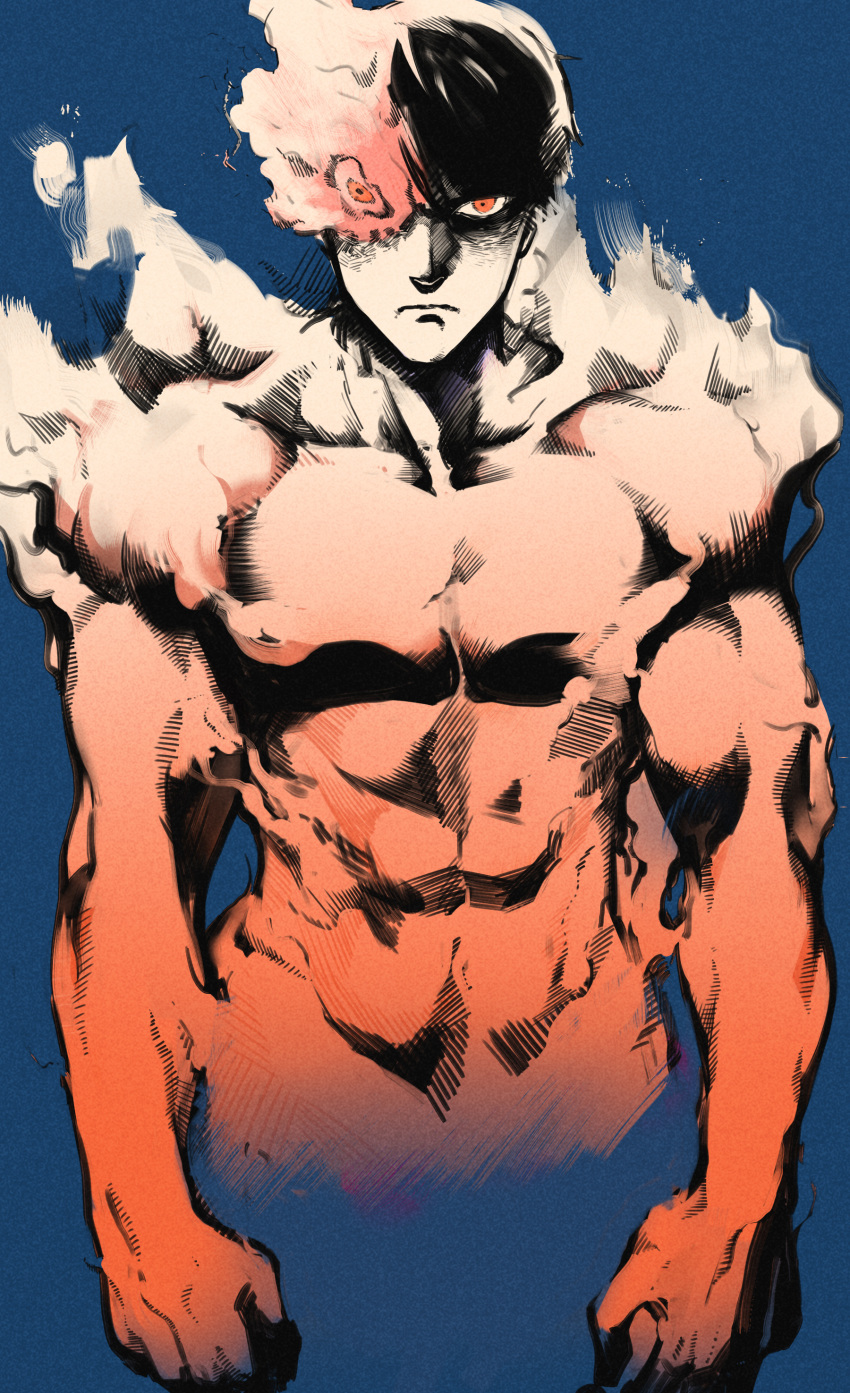 1boy abs absurdres agni_(fire_punch) black_hair blue_background burning clenched_hand fire fire_punch flaming_eye frown highres male_focus muscle navel red_eyes shirtless solo st_(youx1119)