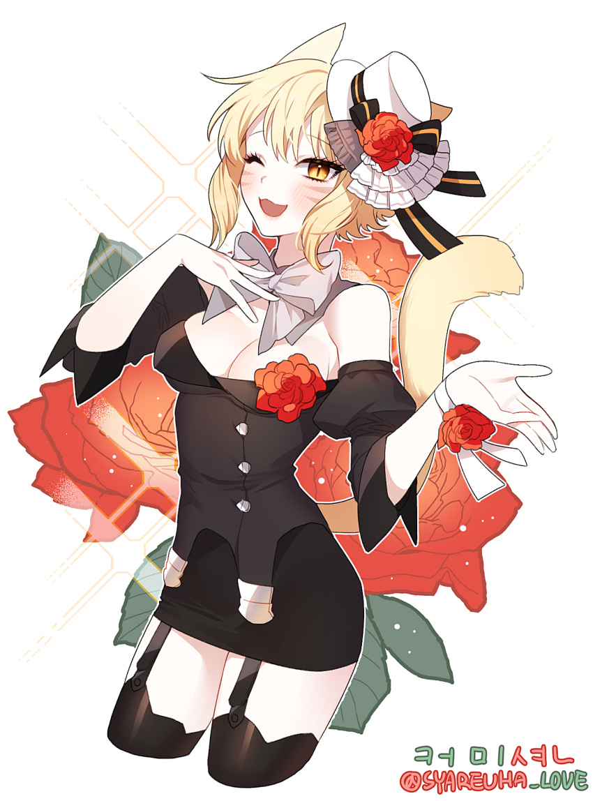 1girl ;3 ;d animal_ears bangs bare_shoulders black_legwear black_shirt black_skirt blonde_hair bow bowtie breasts cat_ears cat_tail cleavage corsage cropped_legs detached_collar detached_sleeves facial_mark final_fantasy final_fantasy_xiv floral_background flower frills garter_straps grey_bow grey_neckwear hat hat_flower hat_ornament hat_ribbon highres iso1206 juliet_sleeves long_sleeves looking_at_viewer medium_breasts mini_hat mini_top_hat miqo'te one_eye_closed open_mouth outline outstretched_hand puffy_sleeves red_flower ribbon shirt short_hair sidelocks skirt sleeves_past_elbows slit_pupils smile solo sparkle strapless tail thighhighs top_hat white_background white_headwear white_outline wrist_flower yellow_eyes