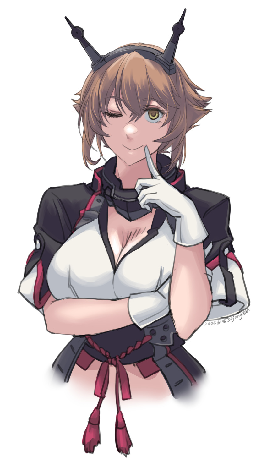 1girl absurdres breasts brown_hair cleavage cropped_torso dated eyebrows_visible_through_hair gloves green_eyes hair_between_eyes headgear highres kantai_collection large_breasts mutsu_(kantai_collection) one_eye_closed remodel_(kantai_collection) short_hair short_sleeves simple_background smile solo sozan twitter_username white_background white_gloves