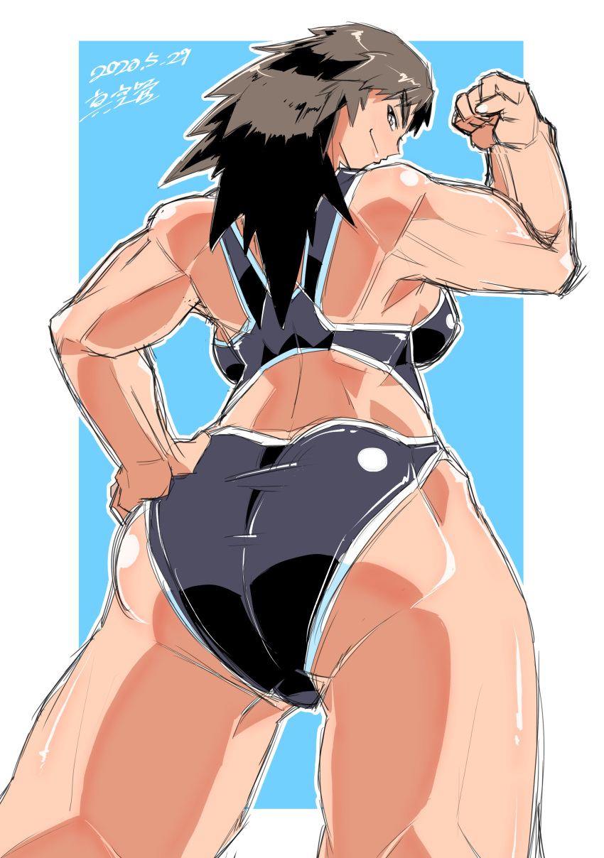 1girl absurdres back bangs bikini black_hair blue_background flexing girls_und_panzer girls_und_panzer_saishuushou highres long_hair looking_back meat_day murakami_(girls_und_panzer) pose shinkuukan_(tetsuo3) solo swimsuit