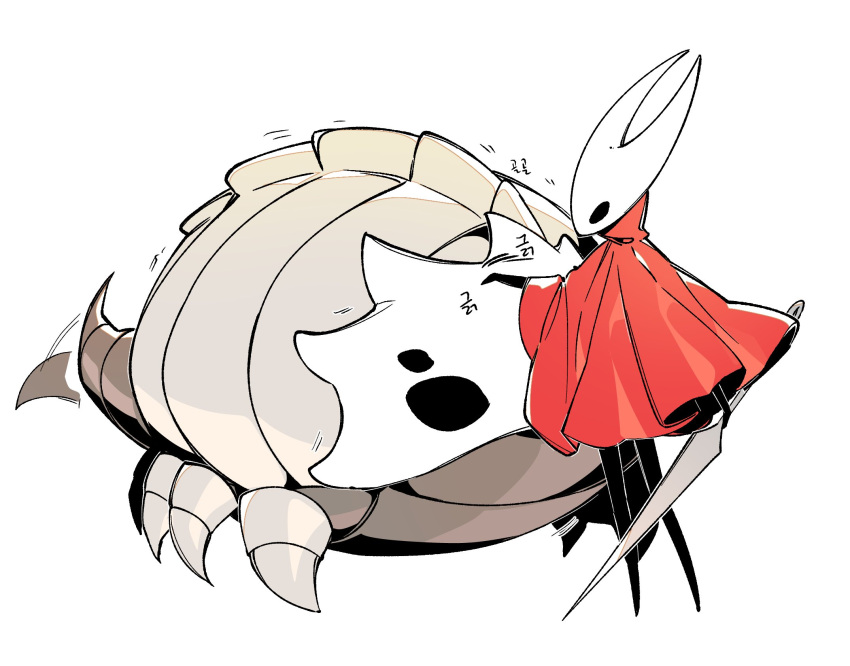 1girl arthropod_girl bamsot bell_beast_(hollow_knight) black_skin cloak colored_skin full_body highres holding holding_needle holding_weapon hollow_eyes hollow_knight hollow_knight:_silksong horned_mask hornet_(hollow_knight) looking_at_another mask needle needle_(hollow_knight) no_humans no_mouth petting red_cloak simple_background standing tail tail_wagging weapon white_background white_mask