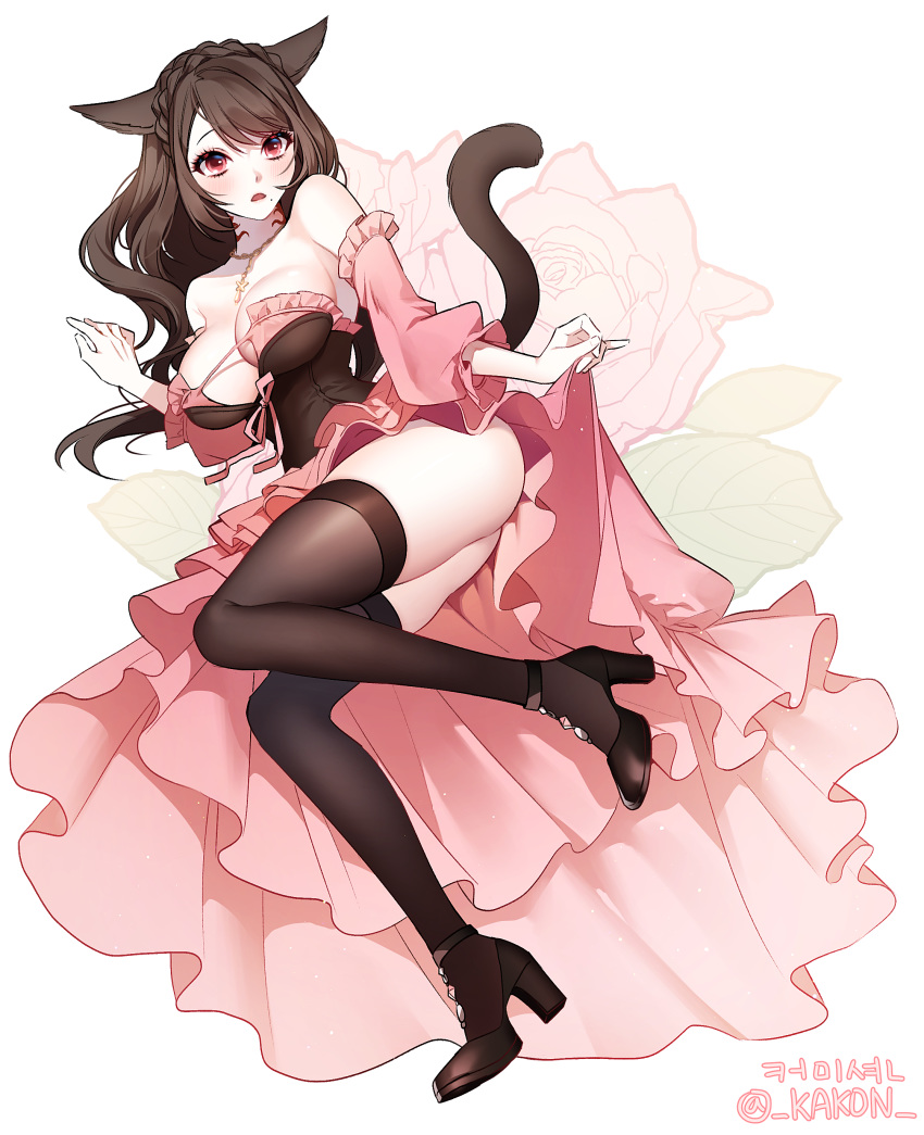 1girl absurdres animal_ears bangs bare_shoulders between_breasts black_footwear black_legwear blush braid breasts brown_hair cat_ears cat_tail crown_braid detached_sleeves dress eyelashes facial_mark final_fantasy final_fantasy_xiv floral_background frills full_body high_heels highres iso1206 jewelry large_breasts long_hair looking_at_viewer lying miqo'te mole mole_under_mouth necklace on_side parted_lips pink_dress pink_ribbon red_eyes ribbon skirt_hold surprised swept_bangs tail thighhighs underbust white_background