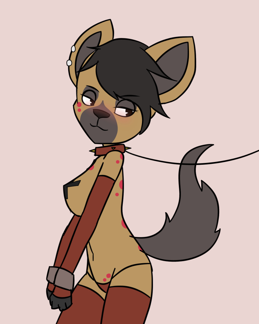 anthro clothing collar curvy_figure female handcuffed handcuffs heidi hi_res hyaenid leash_and_collar legwear mammal shackles solo spiked_collar spikes spotted_hyena stockings the_testimony_of_trixie_glimmer_smith