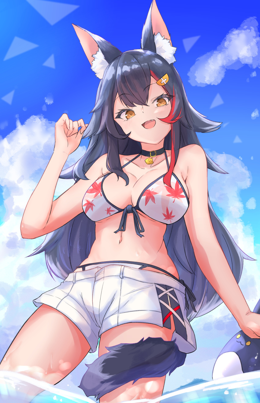 1girl :d absurdres animal_ear_fluff animal_ears bikini bikini_under_clothes black_hair breasts cleavage collar fang front-tie_bikini front-tie_top highres hololive long_hair ogura_toast ookami_mio open_mouth shorts smile solo swimsuit tail virtual_youtuber white_bikini wolf_ears wolf_tail yellow_eyes