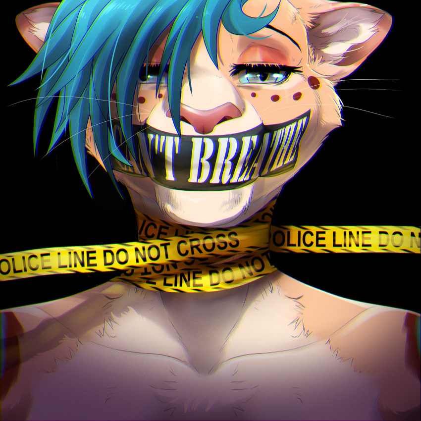 1:1 2020 ambiguous_gender anthro biped black_background blue_hair brown_markings bust_portrait cheek_tuft digital_drawing_(artwork) digital_media_(artwork) duct_tape english_text eyebrows facial_markings facial_tuft felid feline front_view fur fur_markings fur_tuft grey_eyes hair half-closed_eyes head_markings hi_res inner_ear_fluff lol_comments looking_at_viewer mammal markings mostly_nude multicolored_body multicolored_fur narrowed_eyes pink_nose police_tape politics portrait restrained short_hair simple_background skai_mizrahi solo standing tan_body tan_fur tape tartii text tuft whiskers white_text