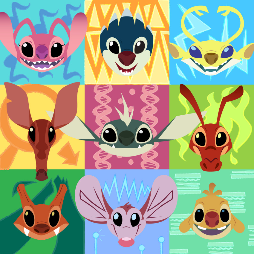 1:1 2018 alien angel_(lilo_and_stitch) antennae_(anatomy) black_eyes blue_background blue_body blue_eyes blue_tongue brown_nose chopsuey disney ear_markings experiment_(lilo_and_stitch) facial_markings fangs female female_(lore) finder green_background green_body green_nose grey_nose head_markings headshot_portrait hi_res lilo_and_stitch male male_(lore) markings melty_(lilo_and_stitch) no_sclera notched_ear open_mouth open_smile pink_background pink_body pink_nose pink_tongue portrait purple_nose purple_tongue red_body red_nose reuben_(lilo_and_stitch) sharp_teeth shush_(lilo_and_stitch) simple_background smile sparky_(lilo_and_stitch) spike_(lilo_and_stitch) teeth tongue tymime yang_(lilo_and_stitch) yellow_background yellow_body