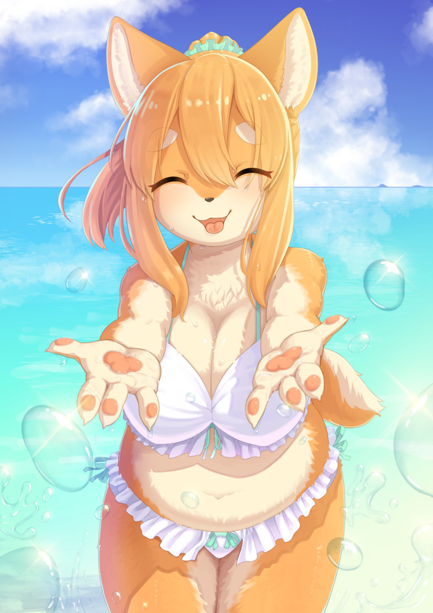 2020 4_fingers 848siba absurd_res anthro bikini black_nose breasts canid canine canis cleavage clothed clothing countershading domestic_dog eyes_closed female fingers frilly frilly_clothing front_view fur hair happy hi_res inner_ear_fluff kemono mammal multicolored_body multicolored_fur navel neck_tuft open_mouth orange_body orange_fur orange_hair outside pawpads seaside sky slightly_chubby solo splash standing swimwear tan_body tan_fur tongue tuft two_tone_body two_tone_fur water wet