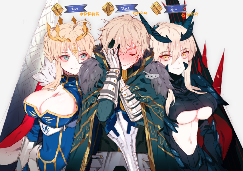 ... 1boy 2girls ahoge armor artoria_pendragon_(all) artoria_pendragon_(lancer) artoria_pendragon_(lancer_alter) blonde_hair blue_eyes blush braid breasts cape cleavage closed_eyes closed_mouth cross crown dark_persona dark_rhongomyniad english_commentary excalibur_galatine eyebrows_visible_through_hair fate/grand_order fate_(series) faulds french_braid full-face_blush fur-trimmed_cape fur_trim gauntlets gawain_(fate/extra) gawain_(fate/grand_order) green_cape green_eyes hair_between_eyes hand_on_own_cheek hand_on_own_face hands_up high_collar holding holding_sword holding_weapon horns large_breasts leaning_on_person looking_at_another looking_at_viewer messy_hair multiple_girls navel nervous pacoscandy pauldrons polearm red_cape rhongomyniad short_hair_with_long_locks shoulder_armor side-by-side smile spear speech_bubble standing stomach sweatdrop sword underboob weapon yellow_eyes