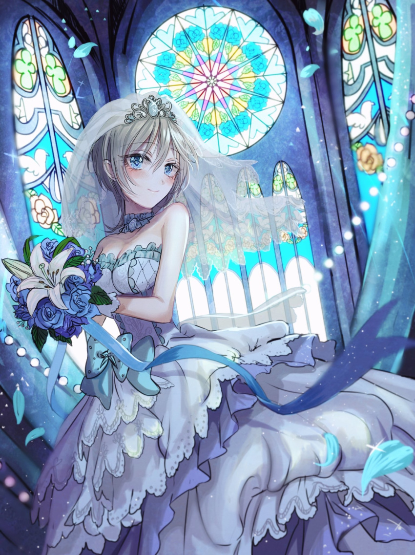 1girl anastasia_(idolmaster) bangs bare_shoulders blue_eyes blue_flower blue_neckwear blue_ribbon blue_rose blush bouquet breasts bridal_veil choker church cleavage collarbone dress eyebrows_visible_through_hair floral_print flower frill_trim gloves grey_hair hair_between_eyes half_gloves highres idolmaster idolmaster_cinderella_girls indoors lily_(flower) looking_at_viewer medium_breasts petals ribbon rose rum_raisin_(chihiromakita19) short_hair sleeveless sleeveless_dress smile solo stained_glass strapless strapless_dress tiara veil wedding_dress white_dress white_flower white_gloves window