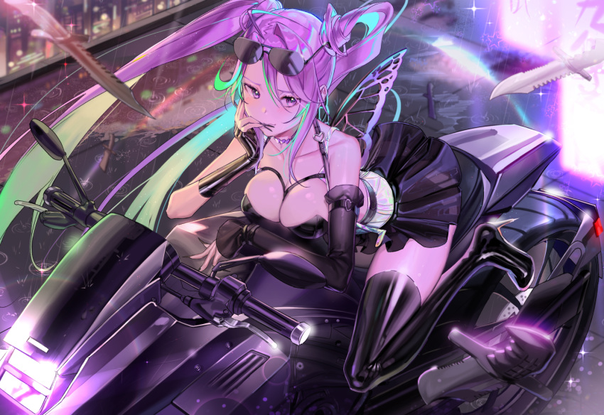 building choker city dress knife long_hair motorcycle myo_ne original purple_eyes purple_hair rain twintails water wings