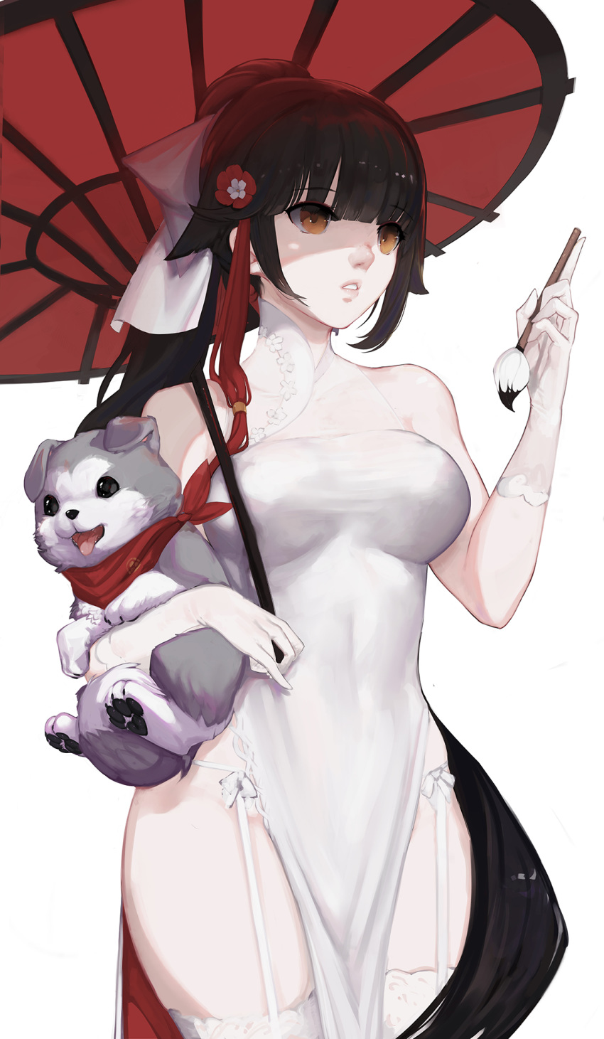 1girl azur_lane bangs bare_shoulders black_hair blunt_bangs breasts calligraphy_brush china_dress chinese_clothes cowboy_shot dog dress eyebrows_visible_through_hair flower garter_straps gloves hair_ears hair_flaps hair_flower hair_ornament highres holding holding_dog holding_umbrella long_hair medium_breasts mmmegh oriental_umbrella paintbrush parted_lips pelvic_curtain red_flower red_umbrella scarf see-through side_slit simple_background sleeveless sleeveless_dress solo takao_(azur_lane) takao_(spring_learning)_(azur_lane) taut_clothes taut_dress thighhighs tight_dress umbrella very_long_hair white_background white_dress white_gloves wide_hips yellow_eyes