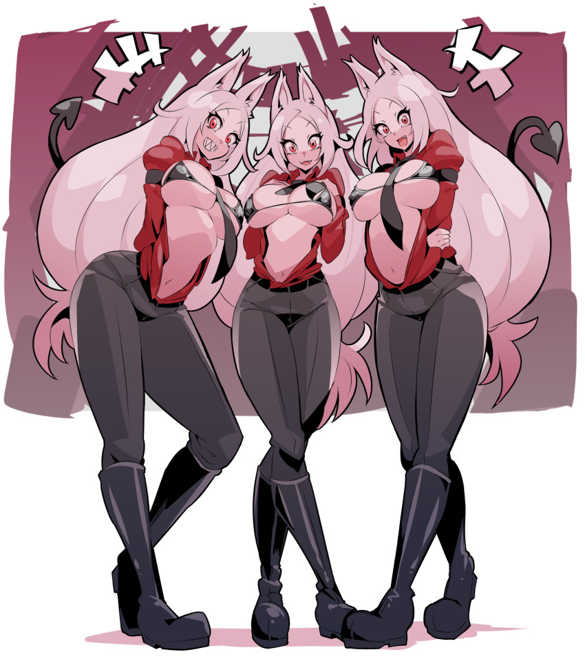 3girls :d animal_ears arms_behind_back bikini black_bikini black_footwear black_neckwear black_pants boots breasts breasts_outside cerberus_(helltaker) clenched_teeth commentary_request demon_girl demon_tail dog_ears dog_girl fang fangs full_body helltaker highres large_breasts long_hair looking_at_viewer micro_bikini multiple_girls nac000 navel necktie open_mouth pants red_eyes red_shirt sharp_teeth shirt smile standing swimsuit tail teeth white_hair
