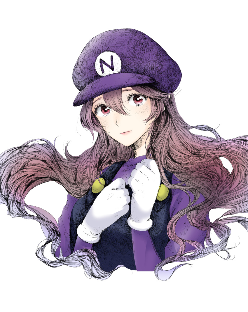 1girl absurdres ballpoint_pen_(medium) baseball_cap brown_hair closed_mouth corrin_(fire_emblem) corrin_(fire_emblem)_(female) cosplay cropped_torso fire_emblem floating_hair freckles gloves hat highres long_hair long_sleeves looking_at_viewer overalls purple_headwear purple_sweater red_eyes roroichi simple_background solo super_smash_bros. sweater traditional_media upper_body very_long_hair waluigi waluigi_(cosplay) white_background white_gloves