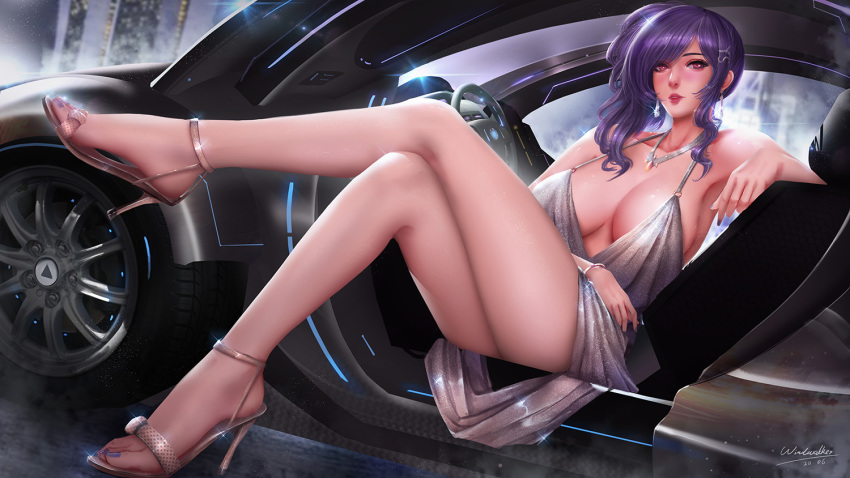 1girl azur_lane backless_dress backless_outfit bangs bare_shoulders blue_hair blue_nails blush bracelet breasts building car car_interior cityscape cleavage crossed_legs dress earrings english_commentary evening_gown grey_dress ground_vehicle hair_ornament hairclip halter_dress high_heels jewelry kaze_no_gyouja large_breasts legs looking_at_viewer motor_vehicle nail_polish necklace night night_sky outdoors parted_lips pink_eyes plunging_neckline revealing_clothes shiny side_ponytail sidelocks silver_dress sky skyscraper st._louis_(azur_lane) st._louis_(luxurious_wheels)_(azur_lane) thighs updo vehicle