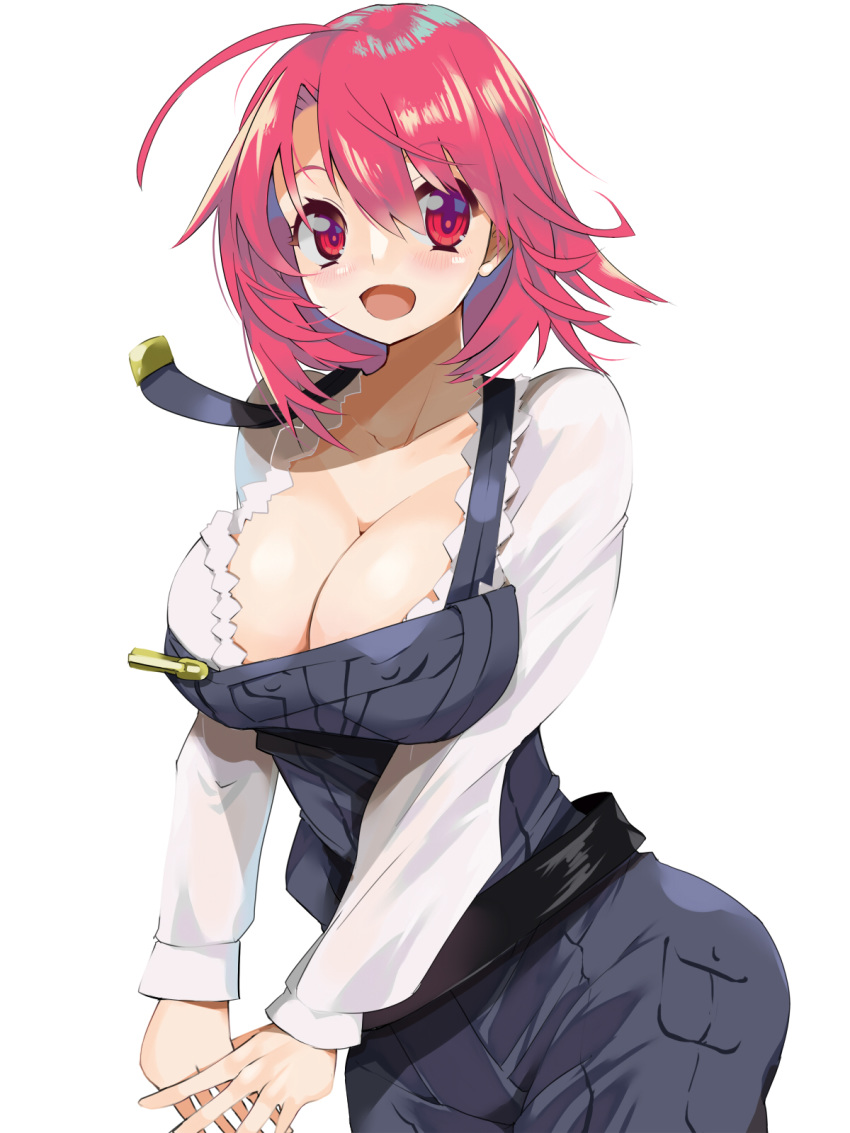 1girl ahoge blaze_(artist) blue_overalls blush breasts cleavage cow_girl_(goblin_slayer!) goblin_slayer! highres large_breasts looking_at_viewer open_mouth overalls red_eyes red_hair shiny shiny_hair shiny_skin short_hair simple_background smile solo standing white_background