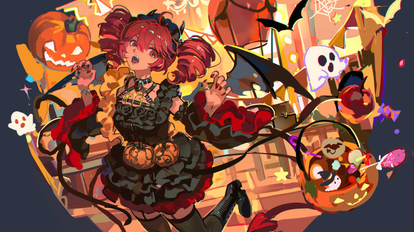 1girl absurdres bat_(animal) black_boots black_garter_straps black_sleeves black_wings boots candy candy_apple claw_pose demon_horns demon_tail demon_wings detached_sleeves dress drill_hair fangs food frills garter_straps ghost halloween halloween_bucket highres horns jack-o'-lantern kasane_teto looking_at_viewer mento musical_staff musical_staff_print pumpkin red_nails silk solo spider_web tail thighhighs twin_drills utau wings