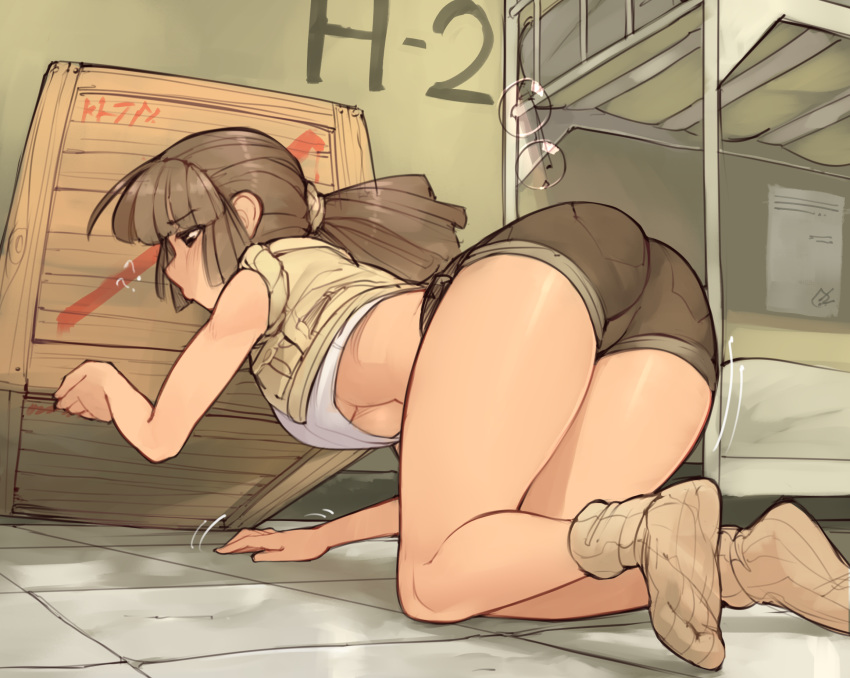 1girl ? all_fours ass bangs bed blush box breasts brown_hair brown_legwear brown_shorts bunk_bed crate crop_top crop_top_overhang cropped_jacket english_commentary eyebrows_visible_through_hair eyewear_removed fio_germi from_behind full_body glasses green_jacket hair_tie half-closed_eyes hand_up highres indoors jacket large_breasts legs lifting long_hair looking_down metal_slug midriff motion_lines no_shoes on_floor paper ponytail round_eyewear searching shiny shiny_hair shiny_skin shirt short_shorts shorts sidelocks sleeveless sleeveless_shirt sleeves_rolled_up socks solo tied_hair tile_floor tiles underboob upshirt wamudraws white_shirt