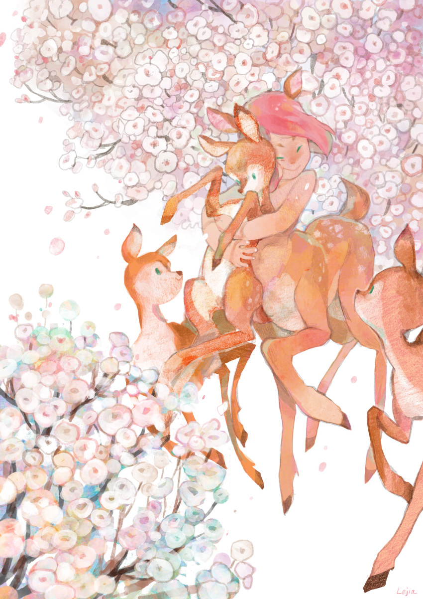 1girl absurdres artist_name centauroid cherry_blossoms closed_eyes day deer deer_girl fawn flower highres hug hug_from_behind looking_at_another outdoors red_hair short_hair spring_(season) white_background zlj