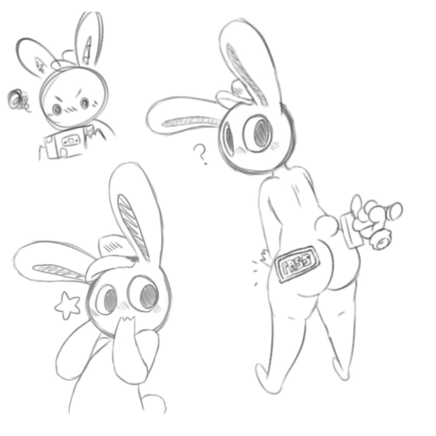 1:1 absurd_res angry anthro butt cute_eyes cute_face hi_res lagomorph leporid male mammal markings monochrome pknicky rabbit solo