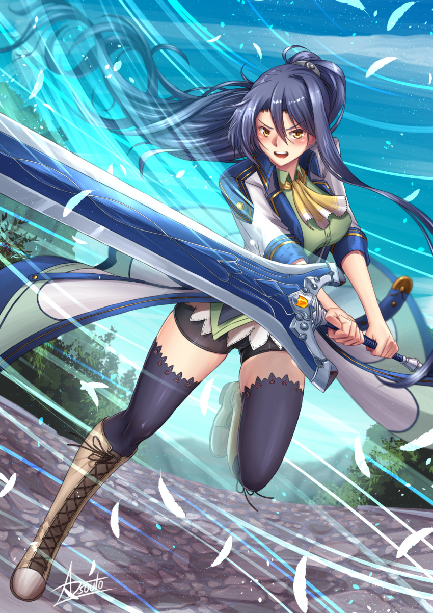 1girl absurdly_long_hair adsouto bangs blue_hair boots breasts cost eiyuu_densetsu greatsword highres holding holding_sword holding_weapon laura_s._arzeid long_hair looking_at_viewer ponytail ribbon sen_no_kiseki sword thighhighs very_long_hair weapon yellow_eyes