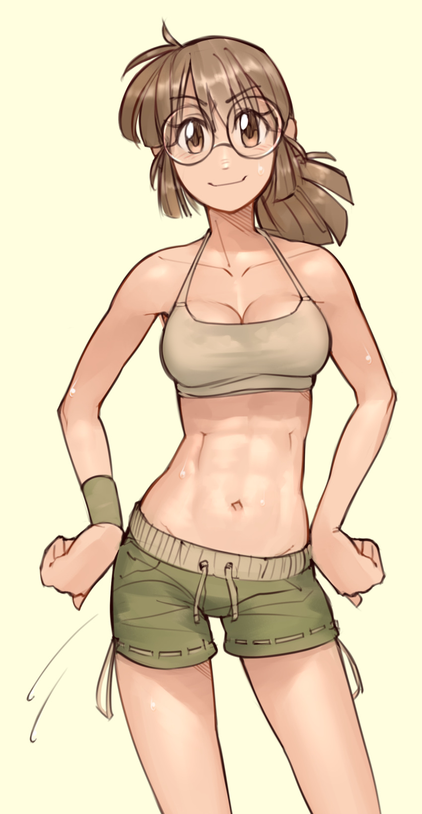 1girl abs bangs bare_shoulders beige_background blush breasts brown_hair cleavage clenched_hands closed_mouth collarbone contrapposto crop_top drawstring english_commentary eyebrows_visible_through_hair fio_germi glasses green_shorts groin halterneck hands_on_hips happy highres light_blush long_hair looking_at_viewer medium_breasts metal_slug navel ponytail ribbon-trimmed_shorts ribbon_trim round_eyewear shiny shiny_skin short_shorts shorts sidelocks simple_background smile solo standing stomach sweat sweatband tied_hair toned wamudraws