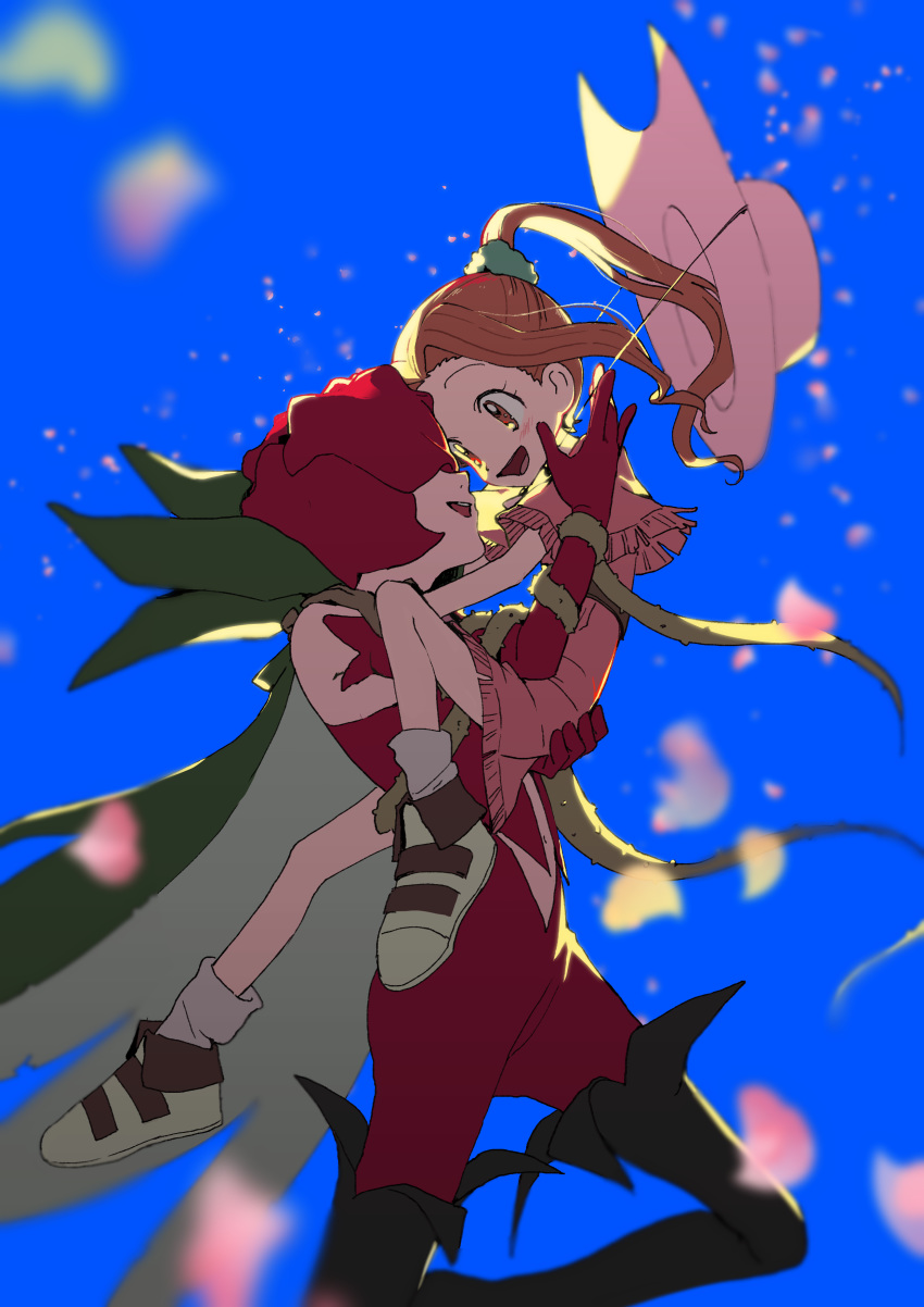 2girls :d absurdres bangs bare_shoulders black_footwear blue_background blurry_foreground blush boots breasts brown_eyes brown_gloves brown_hair cape carrying center_opening commentary_request covered_eyes cowboy_shot digimon digimon_adventure dress elbow_gloves flower full_body gloves green_cape green_scrunchie hair_ornament hair_scrunchie hat highres long_hair looking_at_another mask multiple_girls navel navel_cutout open_mouth parted_bangs petals pink_capelet pink_dress pink_headwear ponytail red_gloves red_suit rosemon scrunchie shoes simple_background smile socks tachikawa_mimi tantanmen thigh_boots thighhighs thorns