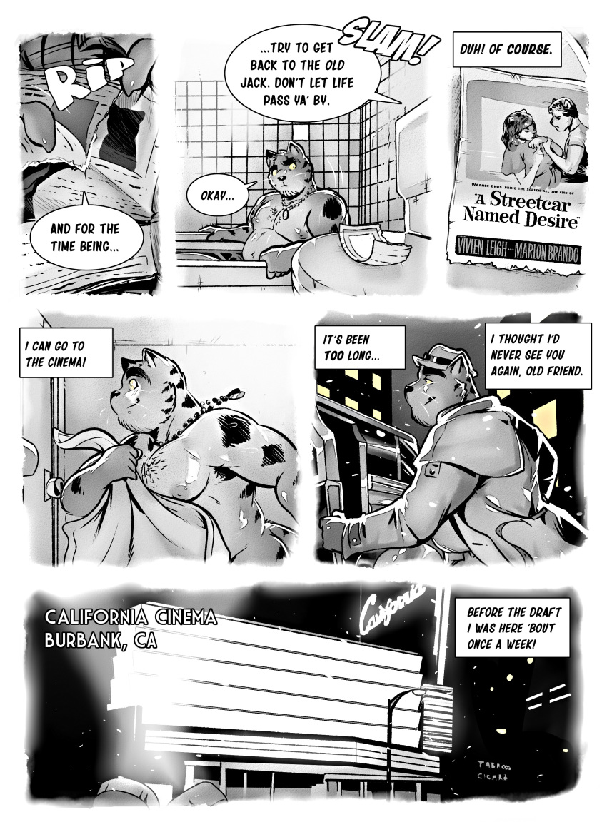 absurd_res anthro bathroom bathtub black_and_white building captain_nikko car clothing coat comic comic_page domestic_cat door duo english_text eyebrows fedora felid feline felis hat headgear headwear hi_res jack_(captain_nikko) male mammal monochrome newspaper palm_tree ripping ripping_paper shane_mckinley snow snowing soaked speech_bubble street_lamp tabby_cat tabbycat text thick_eyebrows tile_wall toilet topwear towel tree trenchcoat vehicle wet yellow_eyes