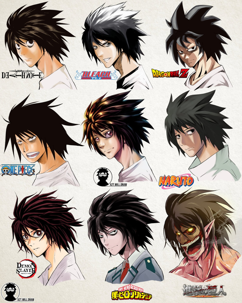 1boy a2twilldraw black_eyes black_hair bleach boku_no_hero_academia closed_mouth death_note dragon_ball dragon_ball_z english_commentary gotouge_koyoharu_(style) highres horikoshi_kouhei_(style) isayama_hajime_(style) japanese_clothes kimetsu_no_yaiba kimono kishimoto_masashi_(style) kubo_taito_(style) l_(death_note) looking_at_viewer male_focus multiple_views naruto_(series) oda_eiichirou_(style) one_piece open_mouth parody pointy_ears school_uniform shingeki_no_kyojin short_hair spiked_hair style_parody titan_(shingeki_no_kyojin) toriyama_akira_(style) u.a._school_uniform upper_body white_kimono