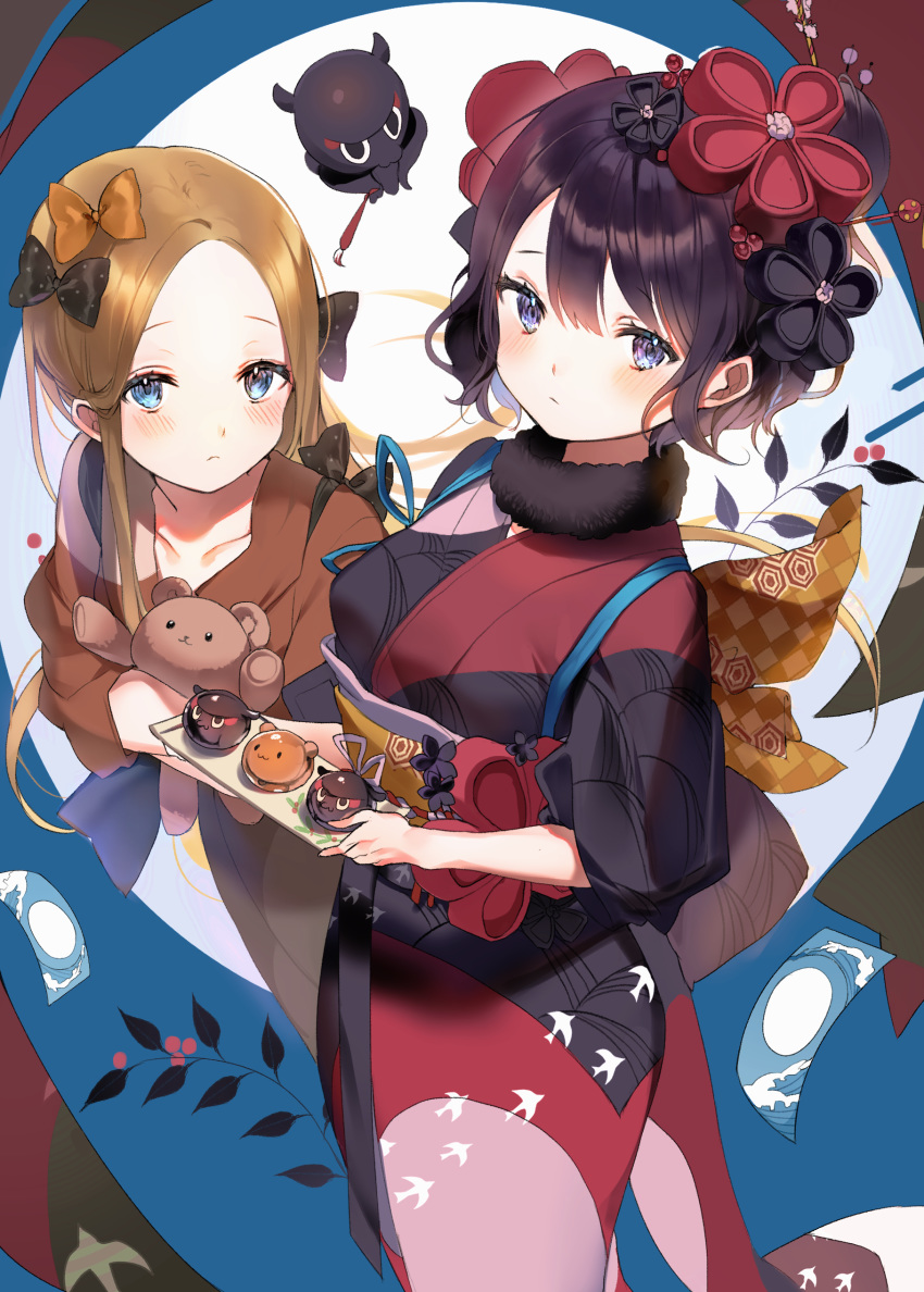 2girls 2sham abigail_williams_(fate/grand_order) absurdres alternate_costume animal bangs black_bow black_hair black_kimono blue_eyes blush bow brown_bow brown_hair brown_hoodie closed_mouth commentary_request eyebrows_visible_through_hair fate/grand_order fate_(series) hair_between_eyes hair_bow hair_ornament highres holding hood hood_down hoodie japanese_clothes katsushika_hokusai_(fate/grand_order) kimono long_hair looking_at_viewer multiple_girls object_hug octopus paintbrush parted_bangs polka_dot polka_dot_bow stuffed_animal stuffed_toy tasuki teddy_bear tokitarou_(fate/grand_order) very_long_hair