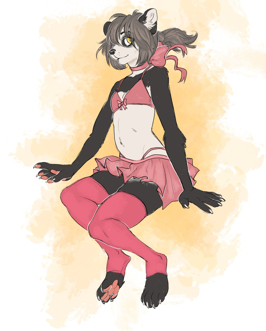 4_toes 5_fingers anthro bottomwear bow bra clothed clothing crossdressing crossdressing_male fingers flat_chested giant_panda gimka grey_hair hair hi_res kaishi leg_warmers legwear male mammal miniskirt pink_clothing ribbon_collar skirt solo toes underwear ursid yellow_eyes